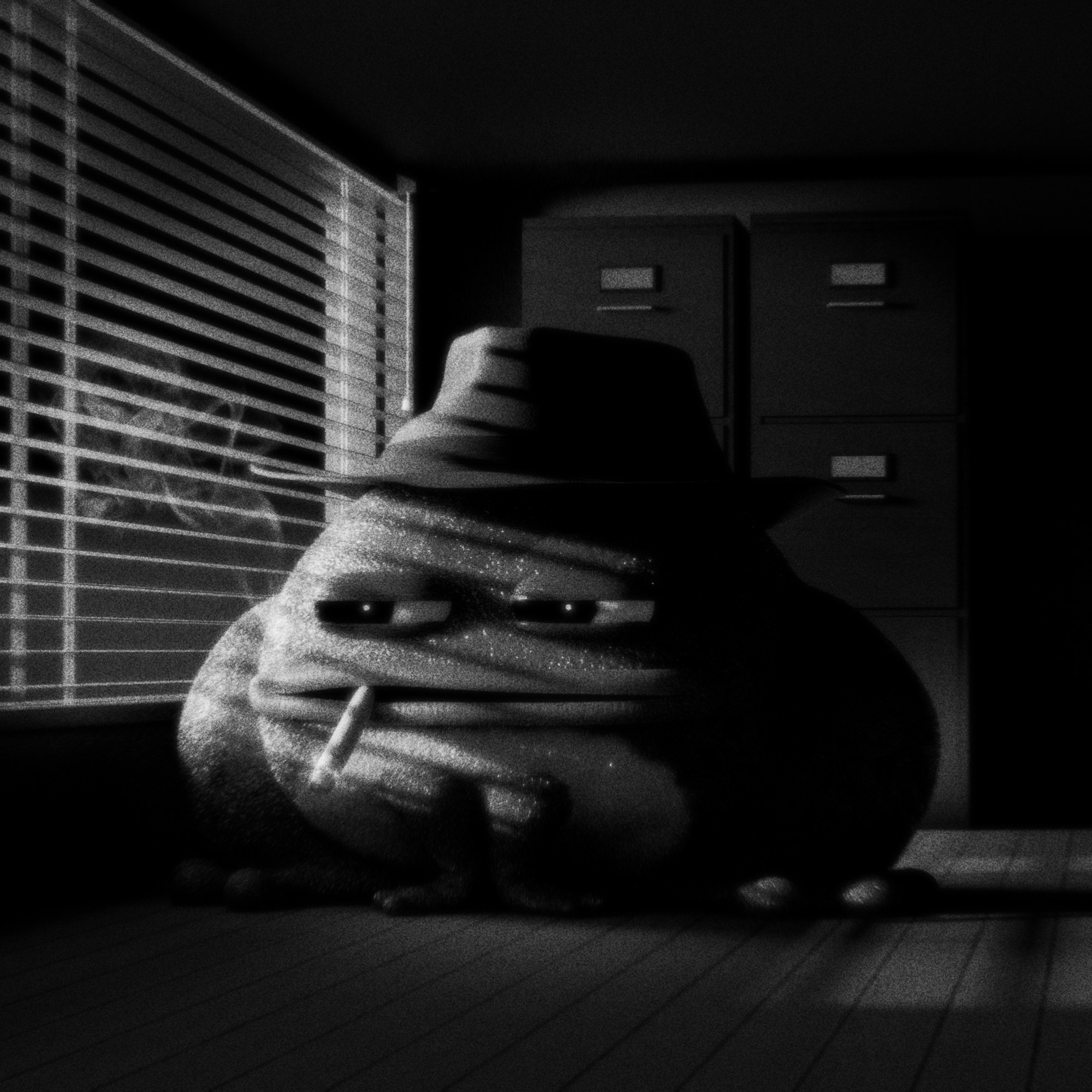 Black-and-white cinematic Croakz character