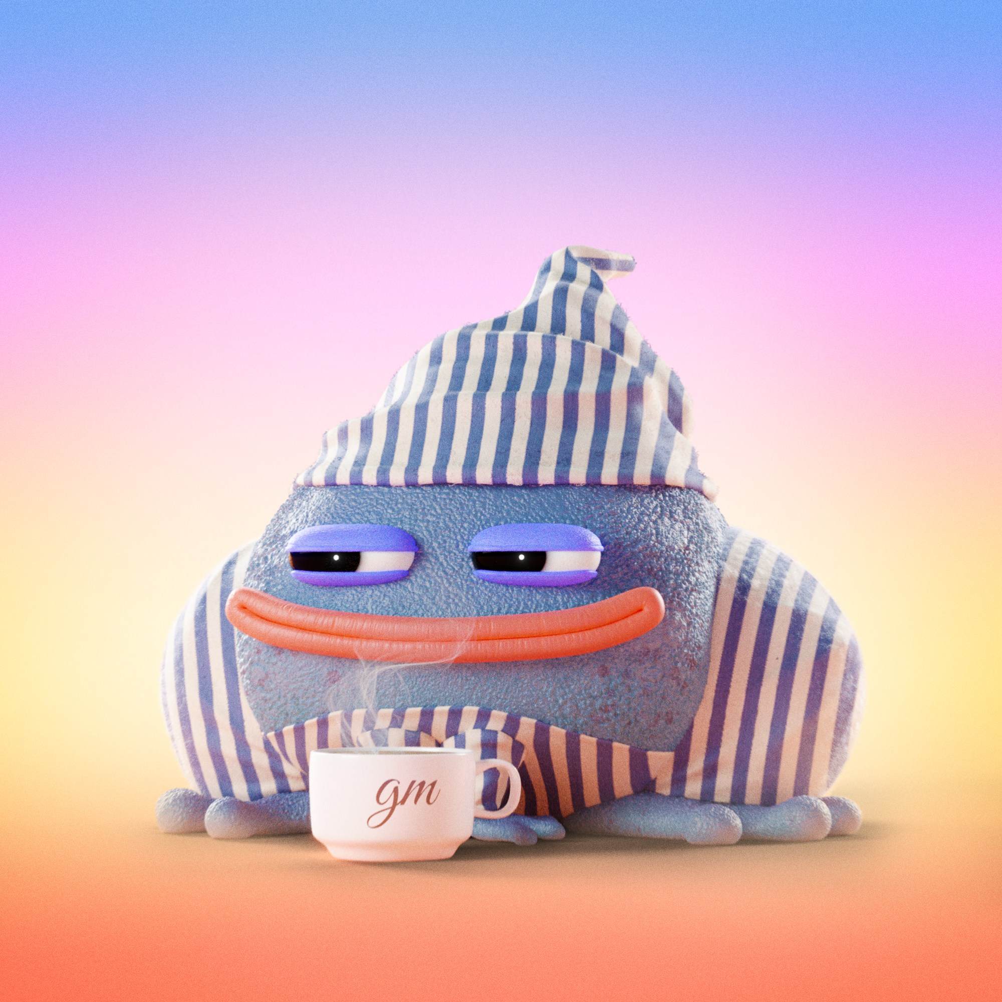 Croakz character in striped pajamas holding a coffee cup