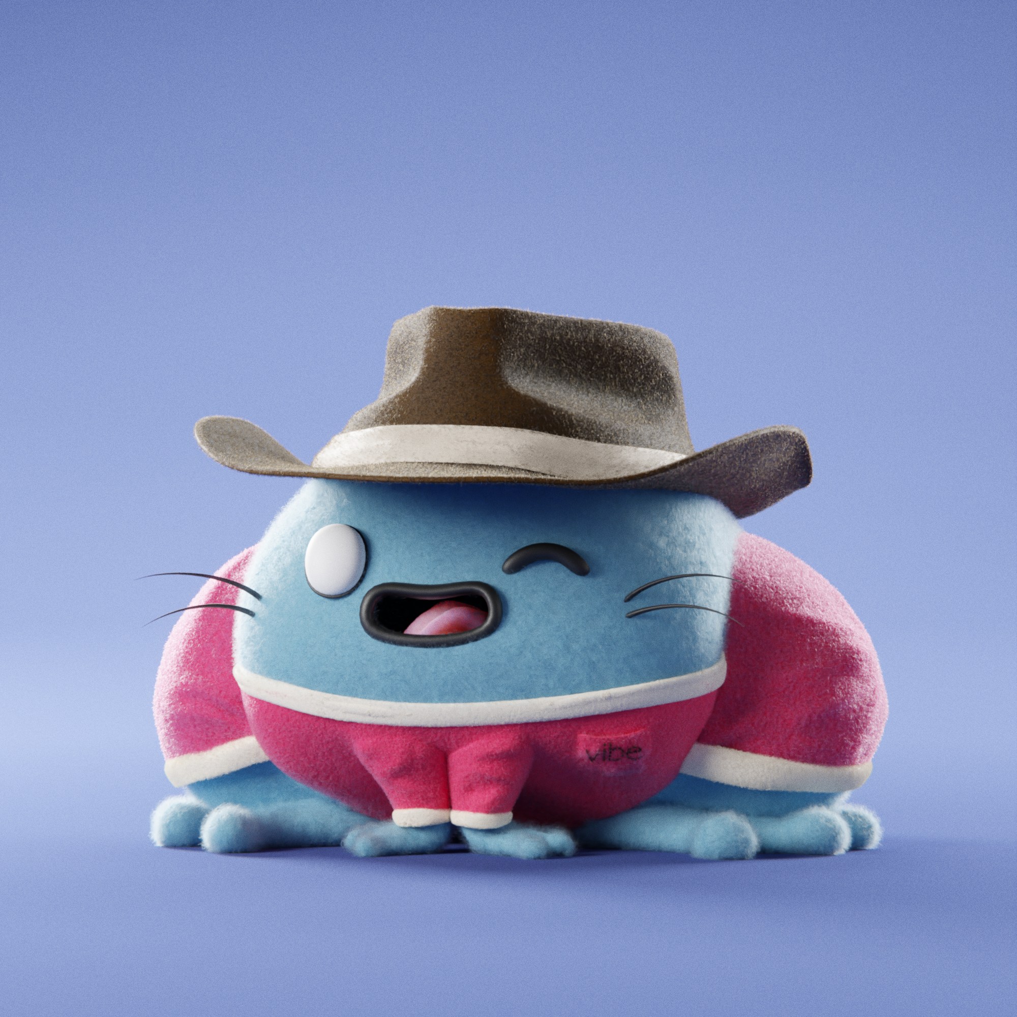 Blue and pink Croakz character wearing a cowboy hat