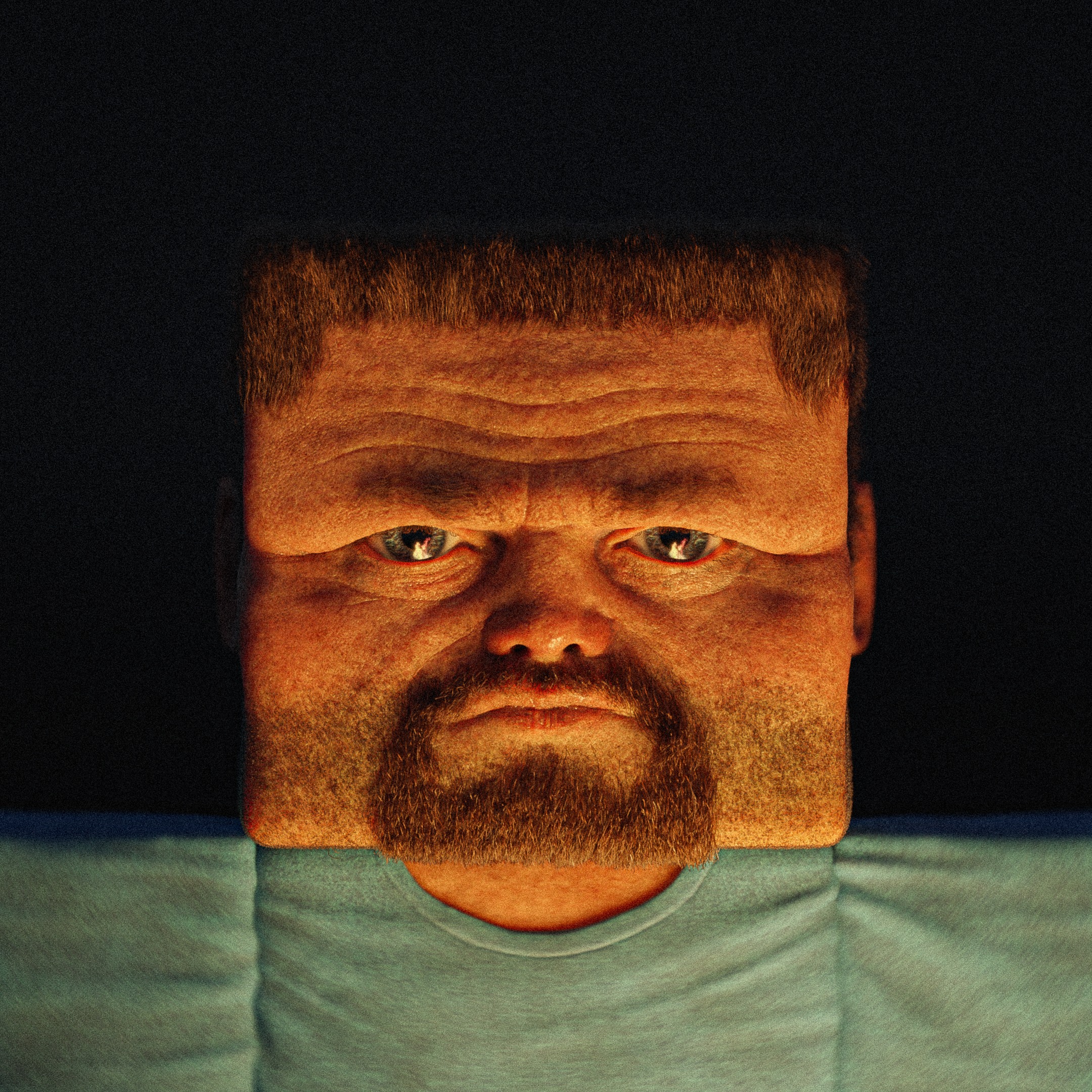Steve stylized 3D character portrait lit by fire